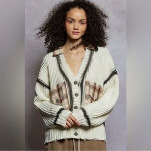 POL NWOT Cream and Black Cardigan with Plaid Accents- S
